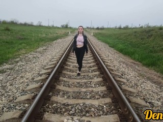 sweet blowjob hot and sex in anal with a beautiful girl while walking on the railway